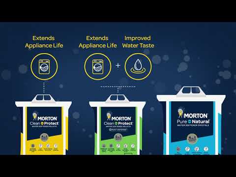 Morton water softener products displayed, highlighting benefits such as extending appliance life and improving water taste. The image features three different product packages: Clean & Protect, Pure & Natural, and Water Softener Crystals.