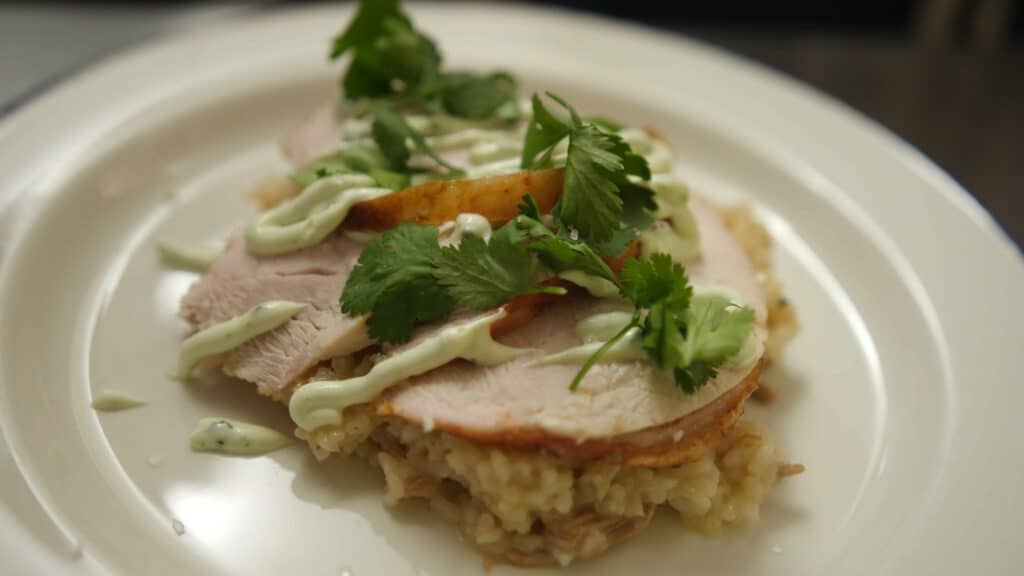 Plate of sliced turkey breast served over a bed of rice, garnished with fresh cilantro and drizzled with a creamy sauce. Ideal for showcasing a delicious and healthy meal option.