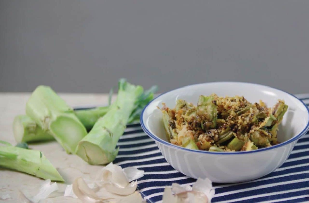 Roasted Broccoli Stems Crusted on Parm Salt with Garlic Skin Balsamic Syrup