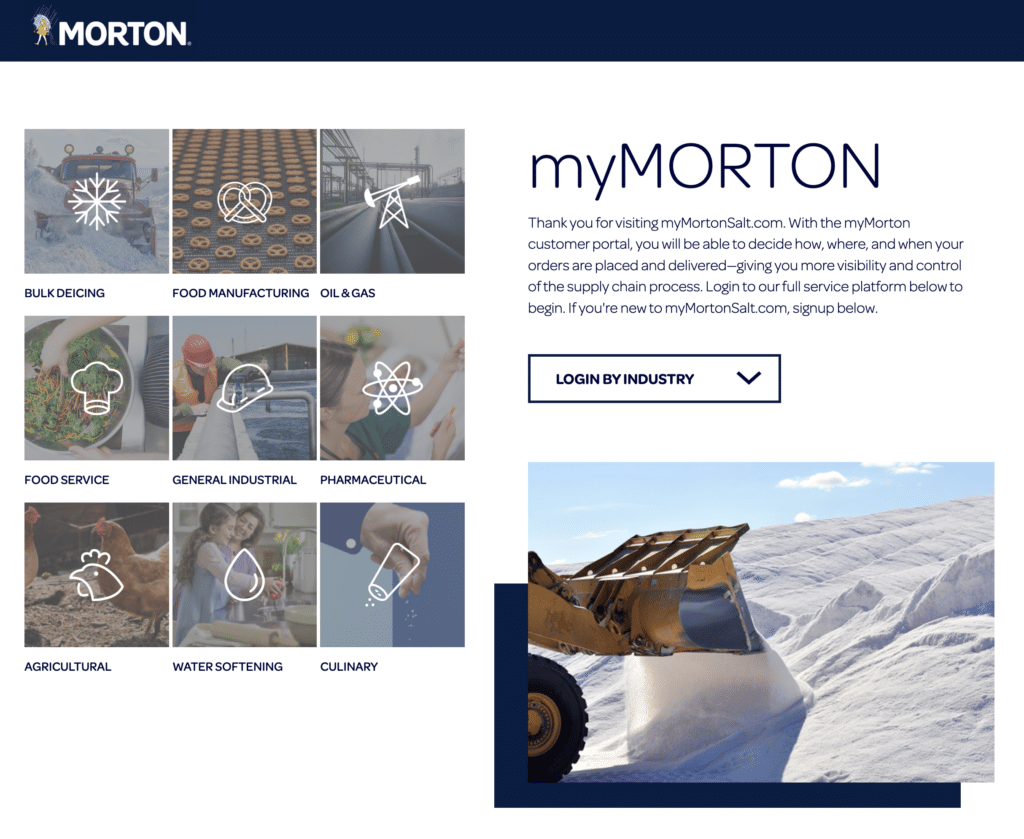 Image of a loader truck spreading salt over a snow-covered surface, illustrating the bulk deicing process for winter weather management. The image supports the myMORTON customer portal, which offers visibility and control over supply chain orders for various industries.