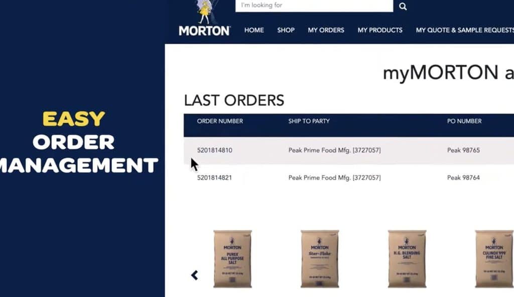 Screenshot of the MyMorton Portal showcasing easy order management, featuring recent orders with order numbers, shipping details, and product images including Morton Purex All Purpose Salt and other salt products.