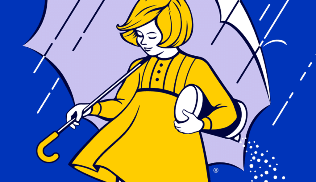 A girl in a yellow dress with an umbrella and a morton salt container