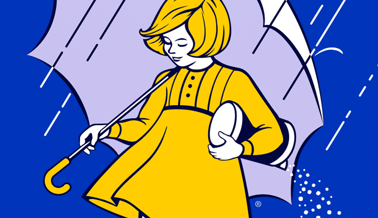 A girl in a yellow dress with an umbrella and a morton salt container