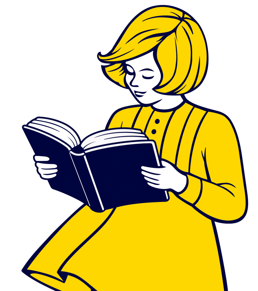 Illustration of a young girl with short, stylized hair, wearing a bright yellow dress, engrossed in reading a book. The image emphasizes literacy and the joy of reading, suitable for educational or children's content.
