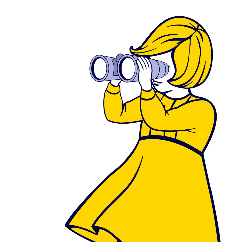 A girl in a yellow dress with binoculars