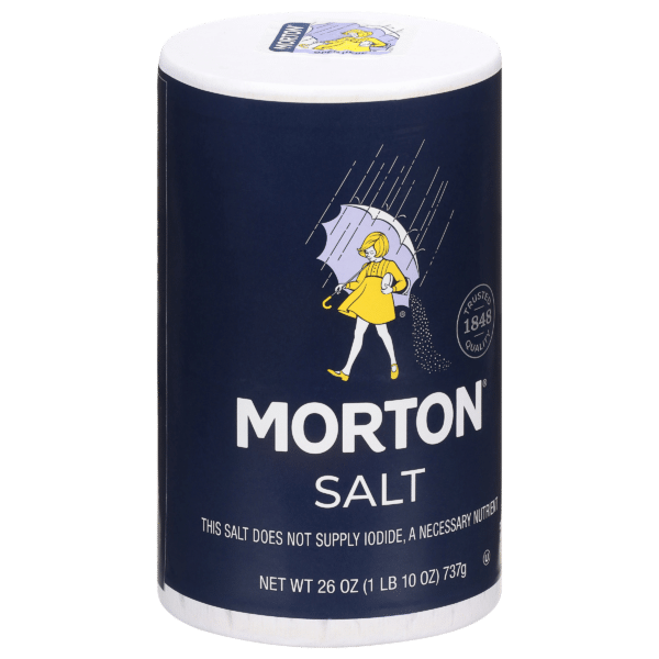Morton Salt container featuring the iconic girl with an umbrella design, 26 oz size, emphasizing that it does not supply iodide, a necessary nutrient.