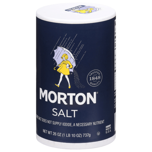 Morton Salt container featuring a classic design with a girl holding an umbrella, labeled "Morton Salt" in bold letters, 26 oz size, emphasizing trusted quality since 1848.