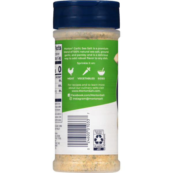 Morton Garlic Sea Salt container showcasing a premium blend of natural sea salt, ground garlic, and parsley. The label highlights its uses for enhancing the flavor of meat, vegetables, and side dishes, along with nutritional information and social media links for recipes.