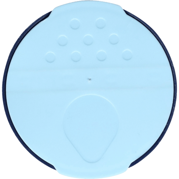 Round blue lid with a textured surface featuring small raised dots, designed for easy grip and opening. Ideal for containers or jars, this lid combines functionality with a sleek design.