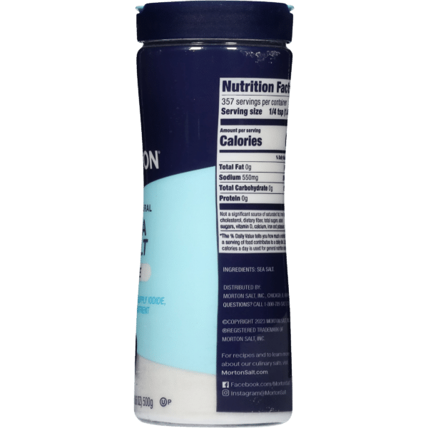 Container of Morton Sea Salt showcasing nutrition facts, including serving size, sodium content, and ingredient list, highlighting its use as a seasoning in cooking.