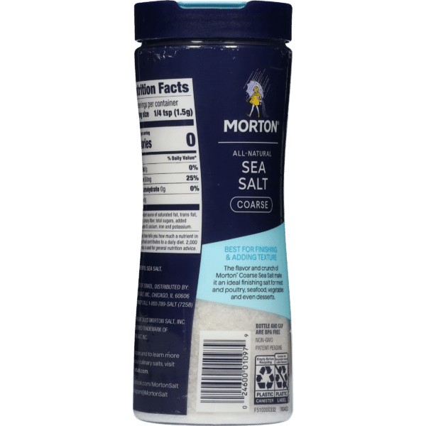 Coarse all-natural sea salt from Morton in a plastic container, featuring nutrition facts and usage suggestions for enhancing flavor and texture in cooking and baking.