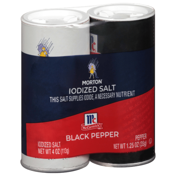 Morton iodized salt and McCormick black pepper seasoning duo, featuring a 4 oz container of iodized salt that supplies iodine and a 1.25 oz container of black pepper, ideal for enhancing flavor in various dishes.