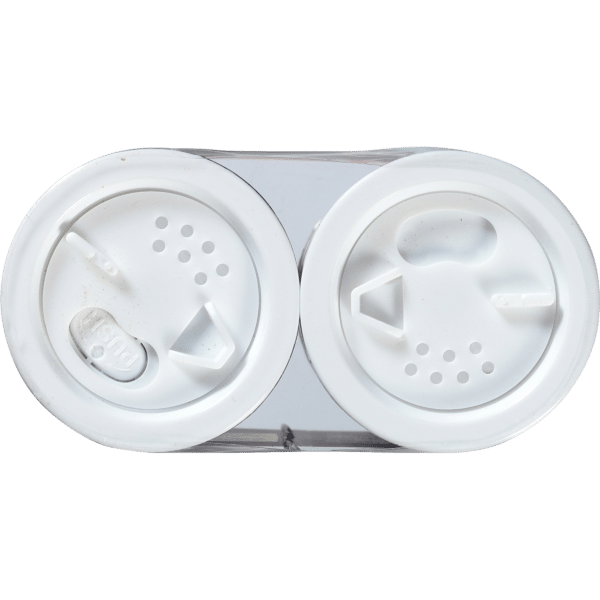 Top view of a dual-chamber salt and pepper shaker with white lids featuring pour and shake openings for easy dispensing.
