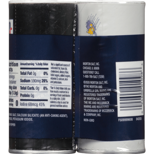 Morton Salt packaging featuring nutrition facts and ingredients. The label highlights sodium content, iodine levels, and includes information about the product being non-GMO. The iconic Umbrella Girl logo is visible, emphasizing the brand's heritage.