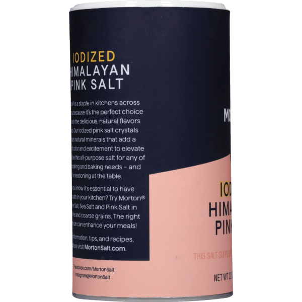 Iodized Himalayan pink salt container showcasing its benefits for cooking and baking, highlighting its natural flavors and essential minerals for enhanced meals. Net weight 21 oz.
