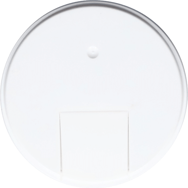 Round white plastic disc with a small rectangular cutout and a raised dot in the center, ideal for use as a base or cover in various applications.