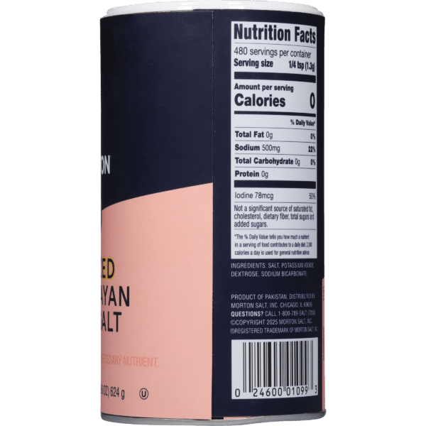 Nutrition label of Himalayan salt canister featuring serving size, calorie count, sodium content, and ingredient list, highlighting its use as a seasoning and nutrient source.