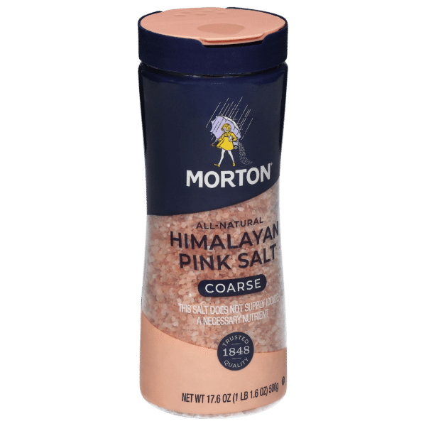 Coarse Morton Himalayan pink salt container, 17.6 oz, featuring all-natural ingredients. Ideal for seasoning and cooking, it emphasizes quality and does not supply iodine, a necessary nutrient.