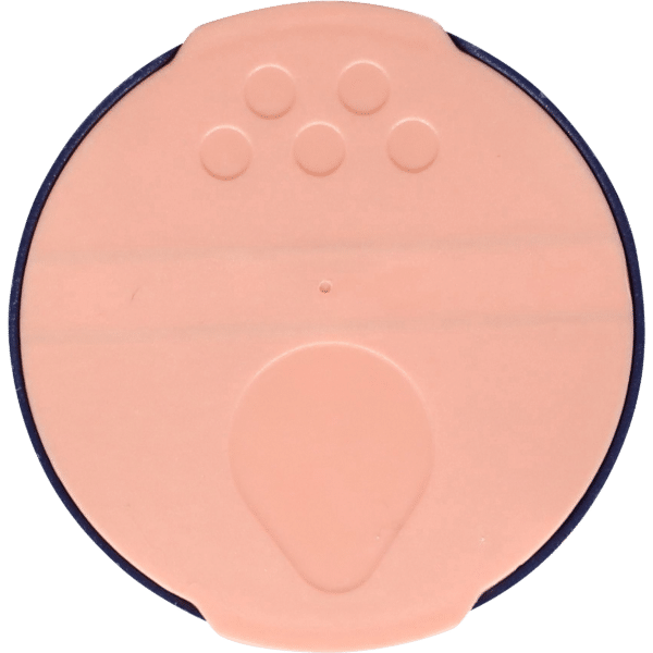 Round makeup compact with a light peach-colored powder and a navy blue border, designed for easy application and portability.
