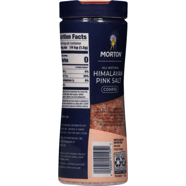 Coarse Himalayan pink salt in a Morton Salt container, featuring nutrition facts and serving size information. Ideal for enhancing the flavor of meals and suitable for cooking with vegetables and meats.