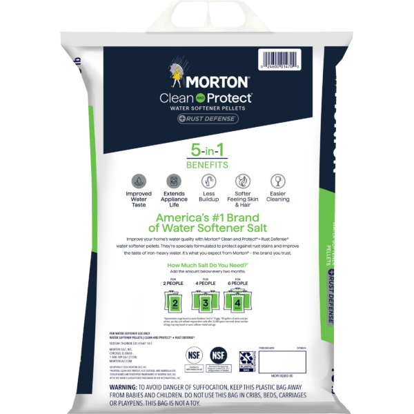 Morton Clean and Protect Water Softener Pellets bag showcasing 5-in-1 benefits including improved water taste, extended appliance life, reduced buildup, softer skin and hair, and easier cleaning. The packaging emphasizes its status as America's #1 brand of water softener salt and includes usage instructions for households of various sizes.