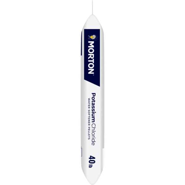 Morton Potassium Chloride water softener pellets in a 40-pound bag, ideal for reducing water hardness and improving water quality for household use.