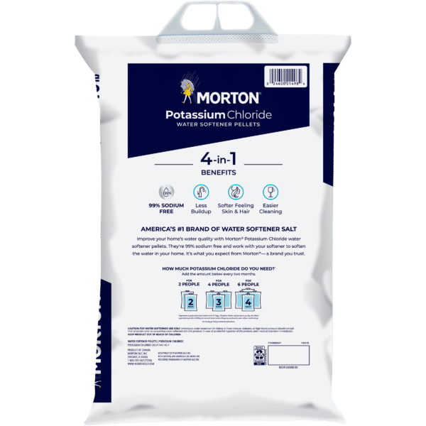 Morton Potassium Chloride water softener pellets packaging showcasing 4-in-1 benefits, including 99% sodium-free formulation, less buildup, softer skin and hair, and easier cleaning, designed to improve home water quality.