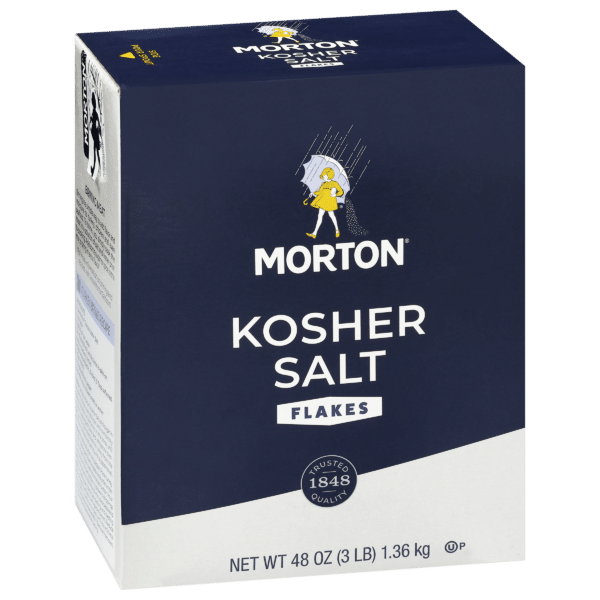 Morton Kosher Salt Flakes box, 48 oz (3 lb), featuring a blue design with a vintage illustration of a girl in a raincoat, emphasizing trusted quality since 1848. Ideal for cooking and seasoning.