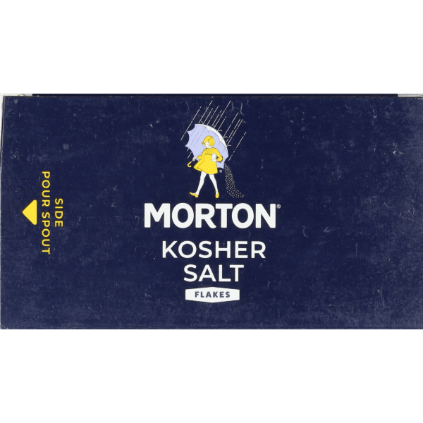 Morton Kosher Salt flakes packaging featuring a blue background and a graphic of a girl with an umbrella. The box displays "Morton" prominently, along with instructions for pouring from the side spout. Ideal for seasoning and cooking.