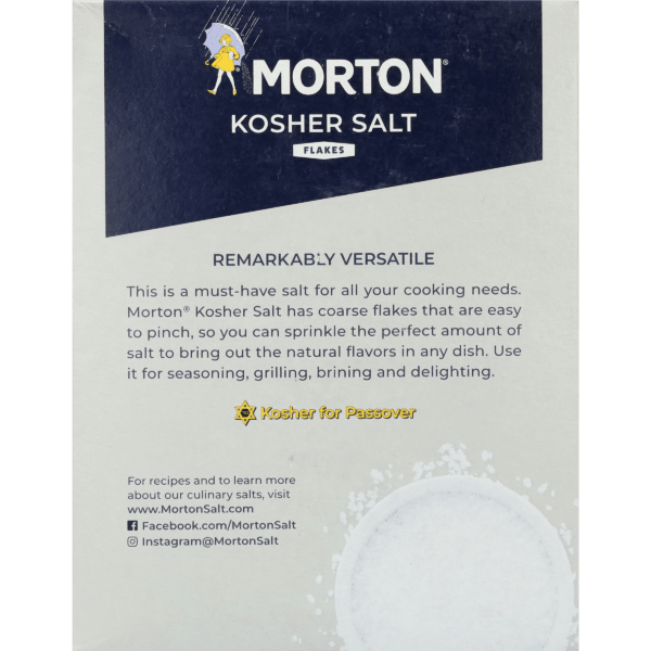 Morton Kosher Salt flakes packaging displaying the brand name and description highlighting its versatility for cooking. The text emphasizes the coarse texture for easy pinching, ideal for seasoning, grilling, and brining. Includes a certification symbol indicating it is kosher for Passover.