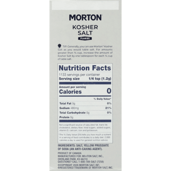 Morton Kosher Salt packaging featuring nutrition facts, including 1133 servings per container, serving size of 1/4 tsp, 0 calories, and 480mg sodium. The label provides tips on using kosher salt and lists ingredients.