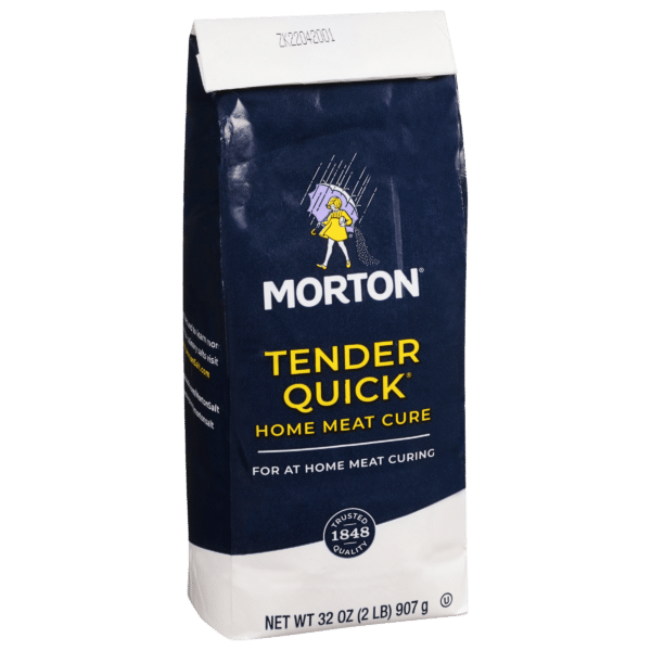 Morton Tender Quick Home Meat Cure 32 oz package, designed for home meat curing, featuring a blue and white design with a vintage illustration and product details.