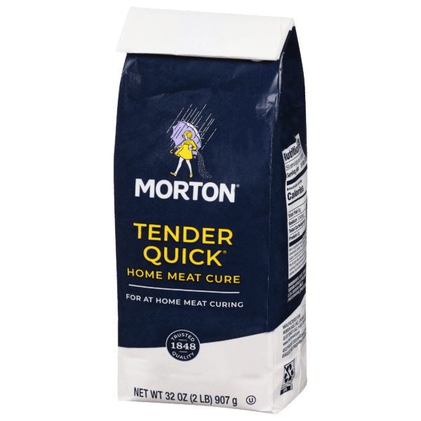 Morton Tender Quick home meat cure packaging, 32 oz (2 lb), designed for at-home meat curing, featuring a dark blue background with yellow text and an illustration of a girl in a raincoat.
