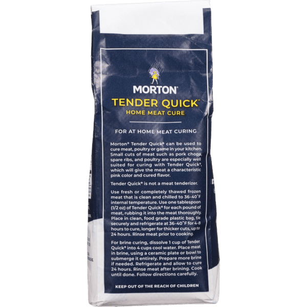 Morton Tender Quick home meat cure package, designed for at-home meat curing. The product is ideal for curing small cuts of meat like pork chops and poultry, providing a characteristic pink color and flavor. Instructions for use include specific guidelines on meat preparation, curing times, and brining methods.