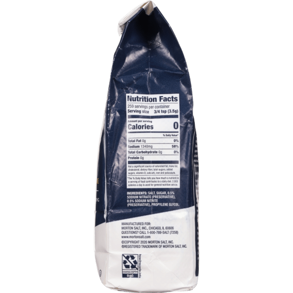 Nutrition facts label on a Morton Salt container, detailing serving size, calories, sodium content, and ingredients including salt, sugar, and preservatives.