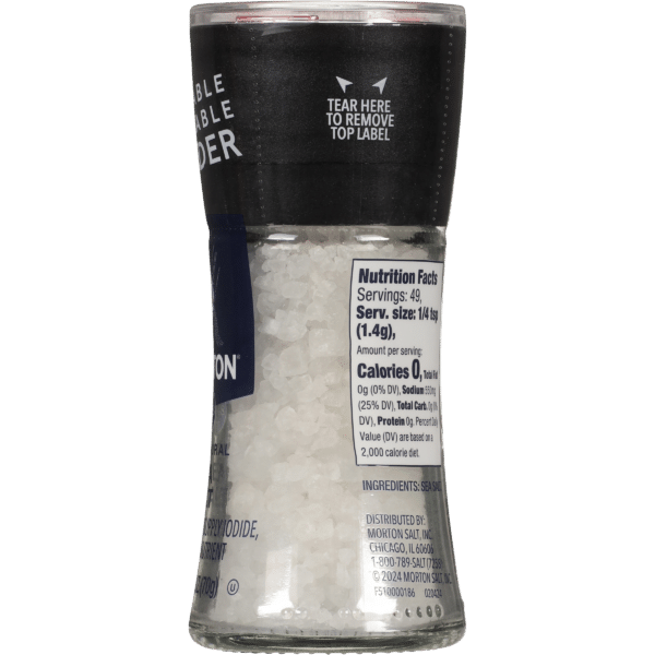 Morton Sea Salt shaker featuring nutrition facts, including 49 servings per container and a serving size of 1/4 teaspoon (1.4g). The product contains zero calories and 550mg of sodium per serving. Ideal for enhancing flavor in cooking and baking.