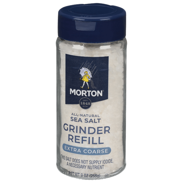 Morton all-natural sea salt grinder refill, extra coarse, 9 oz container, ideal for seasoning and enhancing flavors in cooking and baking.