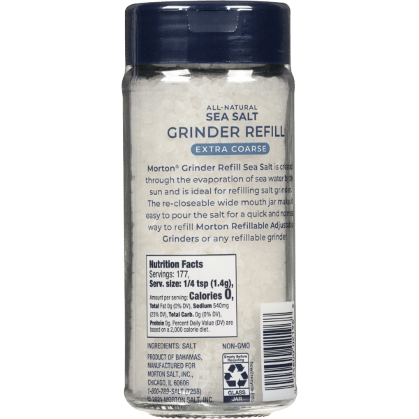 Extra coarse Morton sea salt grinder refill jar, featuring an easy-pour wide mouth design, ideal for refilling adjustable salt grinders. All-natural, non-GMO, with nutrition facts highlighting zero calories per serving and 540mg of sodium. Perfect for enhancing flavor in cooking and seasoning.