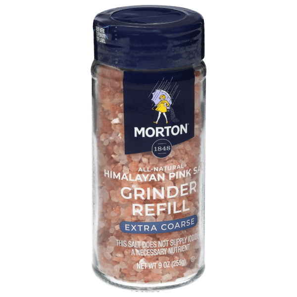 Morton Himalayan Pink Salt grinder refill, 9 oz glass container with extra coarse salt, ideal for seasoning and cooking. All-natural product with no added iodine.