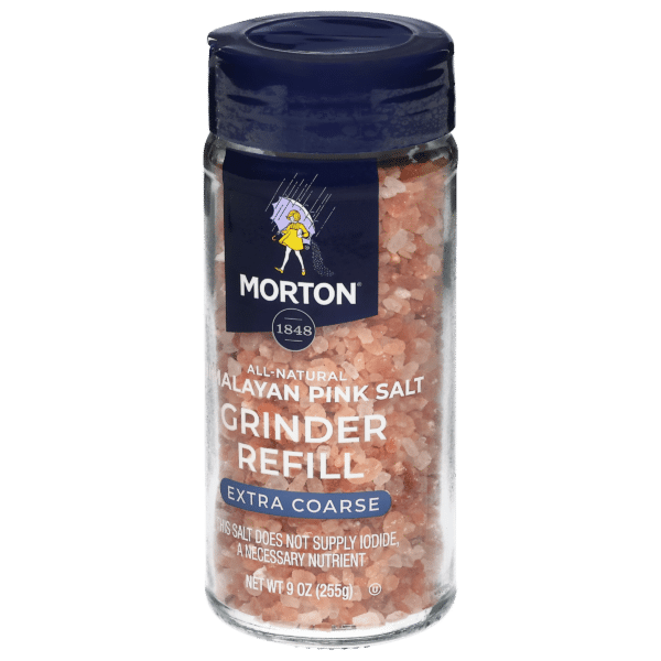 Morton all-natural Malayan pink salt grinder refill, extra coarse, 9 oz (255g) jar featuring pink salt crystals, ideal for seasoning and enhancing flavors in various dishes.