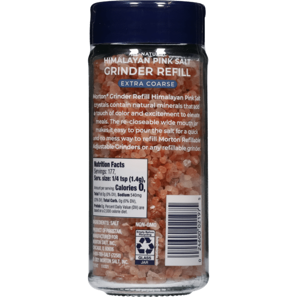 Morton Himalayan Pink Salt Grinder Refill in a glass jar, featuring extra coarse salt crystals rich in natural minerals. The jar highlights its re-closable wide mouth for easy pouring and refilling, with nutrition facts and serving information visible. Ideal for enhancing meals with flavor and color. Non-GMO product from Pakistan.
