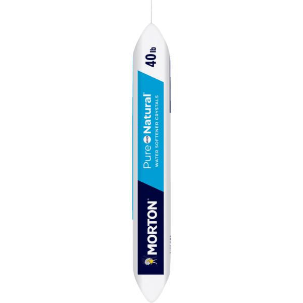 Morton Pure and Natural Water Softener Crystals, 40 lb package, designed to reduce hard water minerals for improved water quality and appliance longevity. Ideal for households seeking an efficient water softening solution.