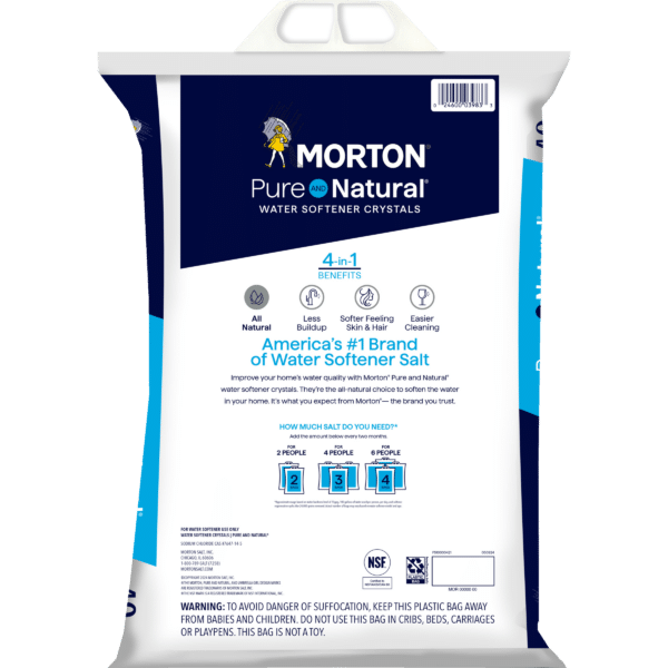 Morton Pure and Natural Water Softener Crystals packaging, highlighting its all-natural formula, benefits including less buildup, softer skin and hair, and easier cleaning. Features a usage guide for households of different sizes.