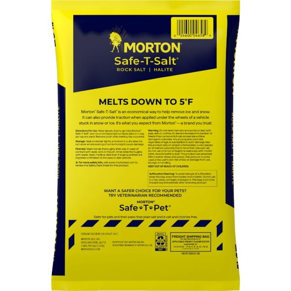 Morton Safe-T-Salt bag featuring product information, usage instructions, and safety warnings. The yellow packaging highlights its ability to melt ice down to 5°F and is designed for safe use around pets.