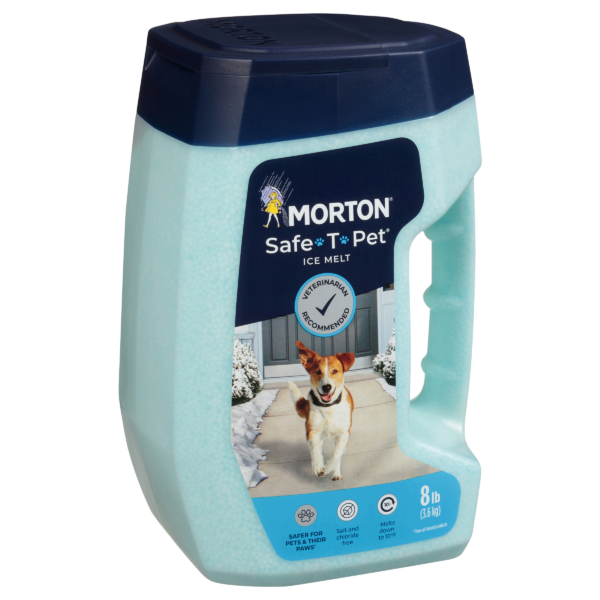 Morton Safe T Pet Ice Melt 8 lb container, designed to be safe for pets and their paws, featuring a veterinarian recommendation label and information about its salt and chloride-free formula. Ideal for melting ice in cold weather.