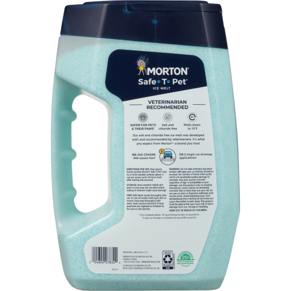 Morton Safe-T-Pet Ice Melt container, featuring a veterinarian-recommended formula that is salt and chloride-free, designed for pet safety. The packaging highlights coverage of 340 square feet and effective melting down to 10°F, with usage directions and safety warnings clearly displayed.