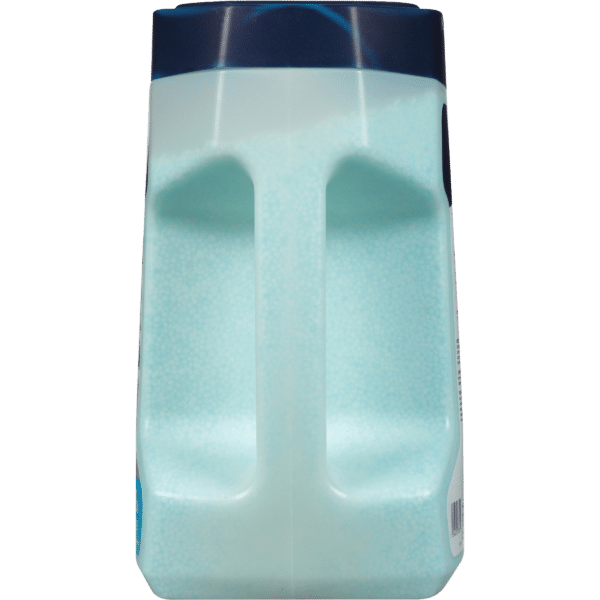 Clear plastic bottle of liquid detergent with a dark blue cap, featuring a textured surface and a label on the side.