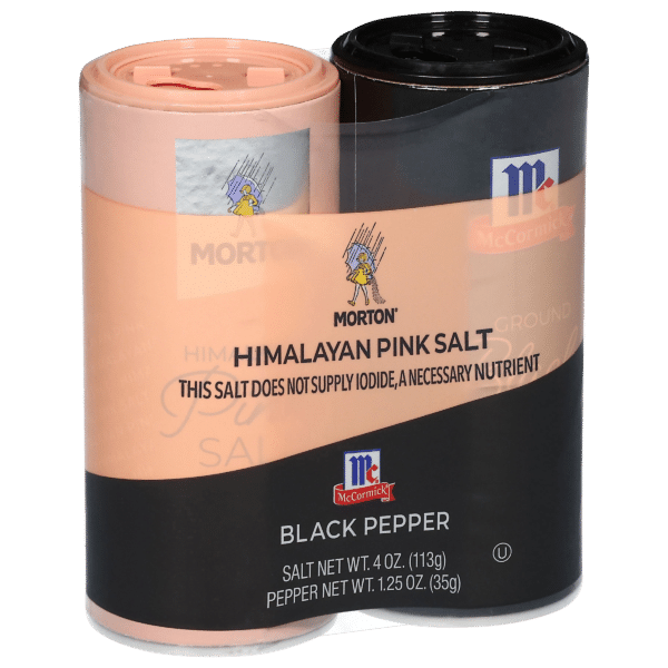 Morton Himalayan Pink Salt and McCormick Black Pepper set, featuring a 4 oz container of pink salt and a 1.25 oz container of ground black pepper, highlighting the salt's lack of iodine, a necessary nutrient. Ideal for seasoning and enhancing flavors in a variety of dishes.