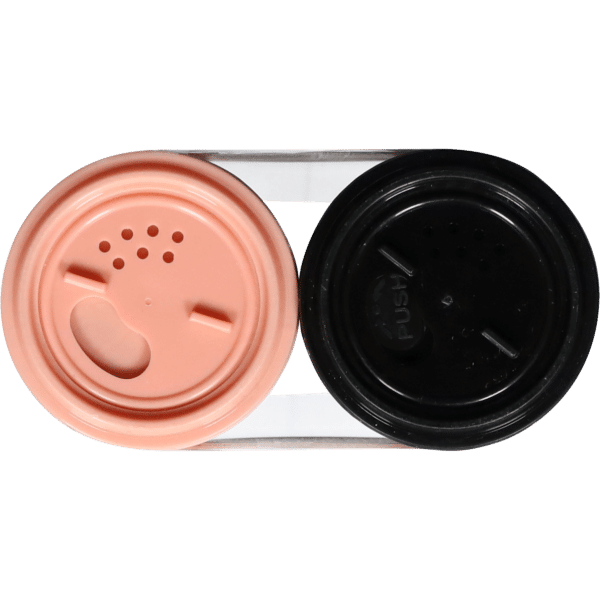 Dual colored beverage lids, one peach and one black, designed for easy sipping and dispensing. Ideal for takeout drinks, featuring a push mechanism and ventilation holes for optimal flow.