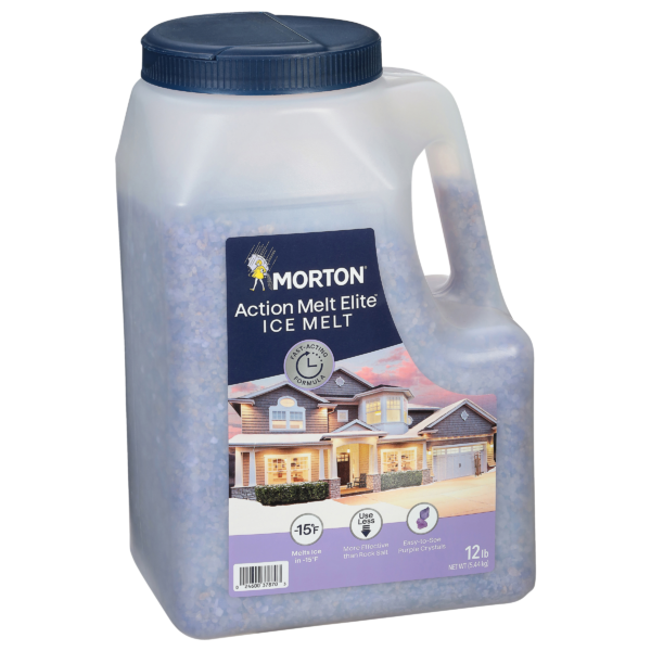Morton Action Melt Elite Ice Melt in a 12 lb container, featuring fast-acting formula with purple crystals, effective at melting ice in temperatures as low as -15°F, designed for residential use.